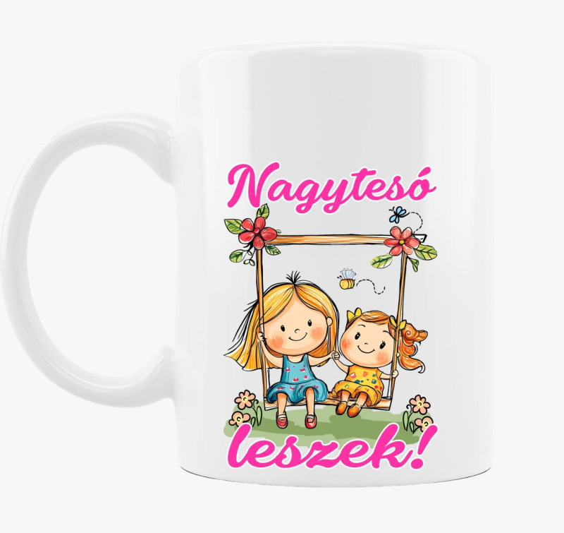 Nagytesó leszek, kislány hintázik pici lánnyal bögre