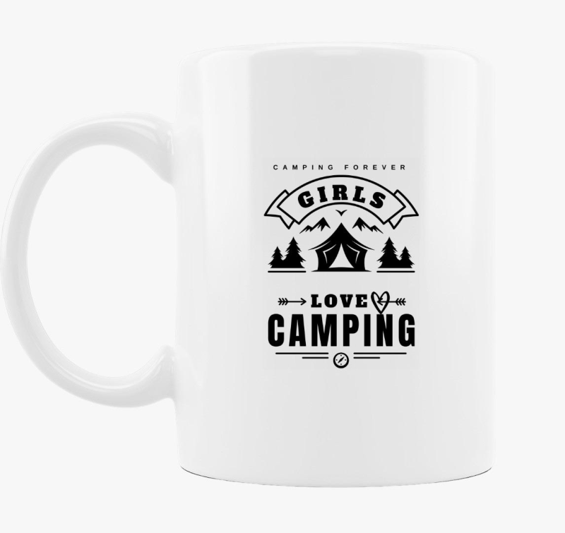 Lányok szeretik a kempinget, Girls love camping bögre, egyszínű felirat, angol