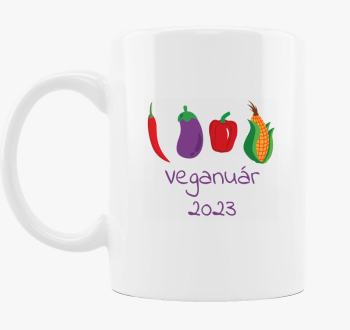 Veganuár 2023 (zöldségekkel) lila feliratos bögre