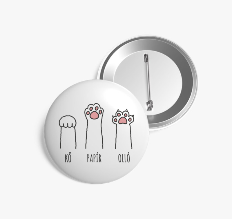 Macska kő papír olló vicces kitűző