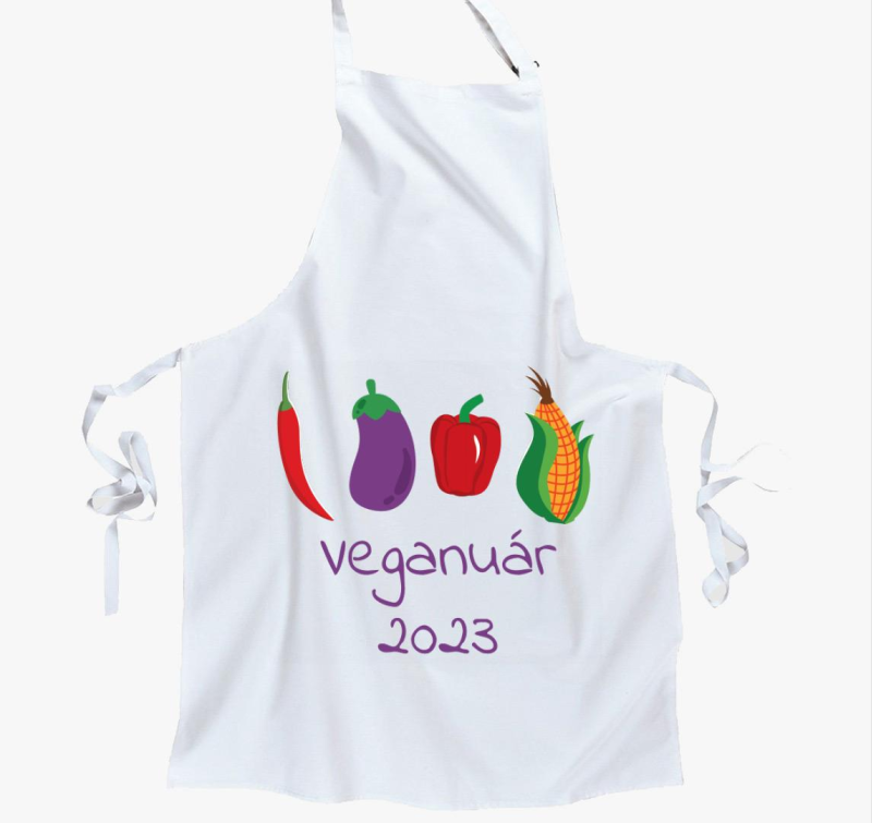 Veganuár 2023 (zöldségekkel) lila feliratos kötény