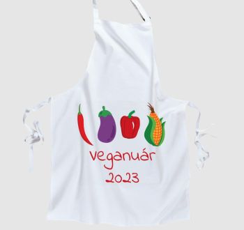 Veganuár 2023 (zöldségekkel) piros feliratos kötény