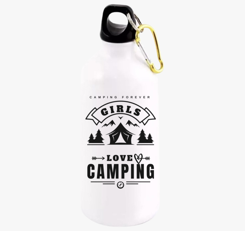 Lányok szeretik a kempinget, Girls love camping kulacs, egyszínű felirat, angol