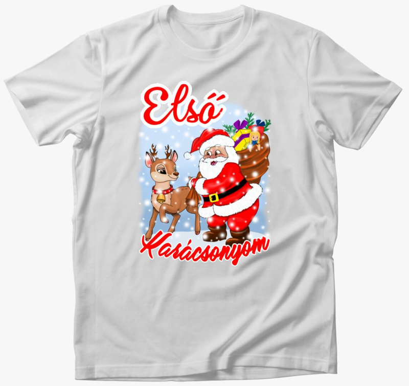 Karácsony, mikulás, első karácsonyom szarvas télapó gyerek póló