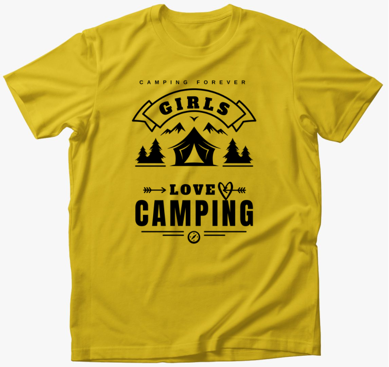 Lányok szeretik a kempinget, Girls love camping póló, egyszínű felirat, angol