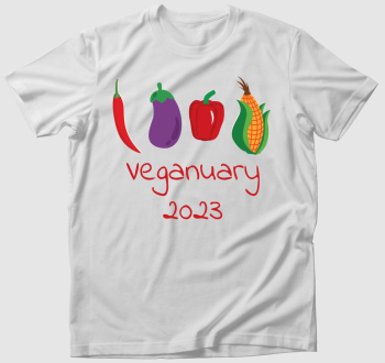 Veganuary 2023 (zöldségekkel) piros feliratos póló