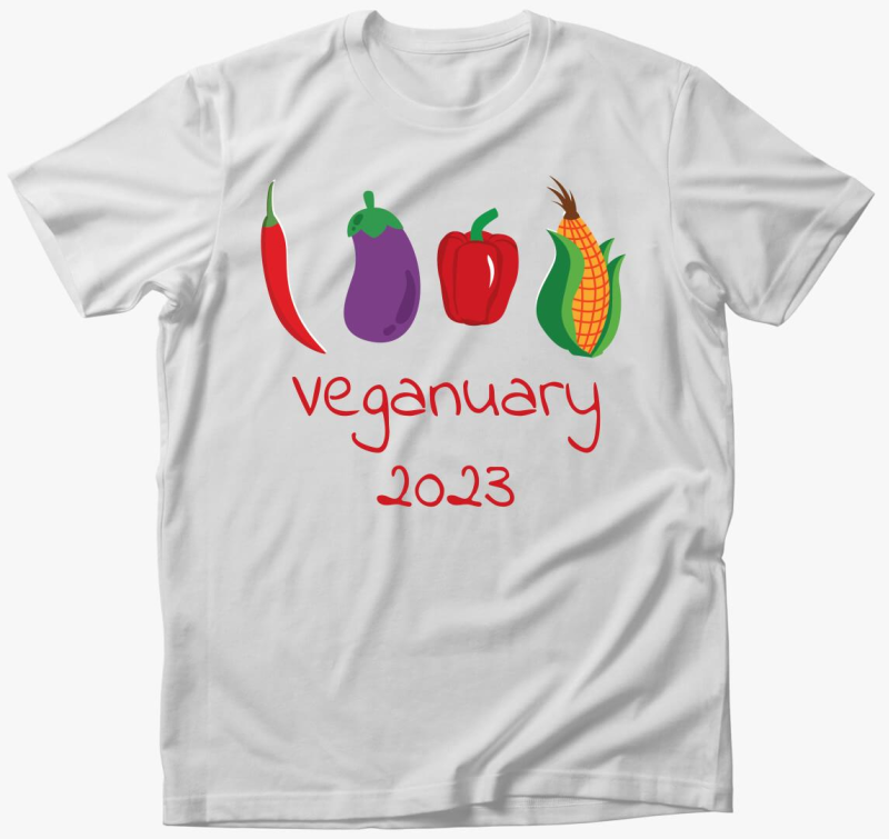 Veganuary 2023 (zöldségekkel) piros feliratos póló