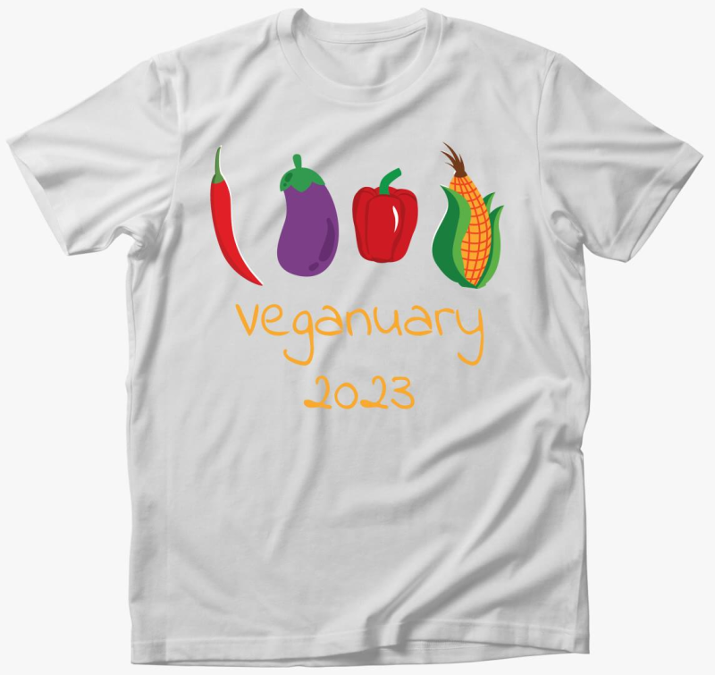 Veganuary 2023 (zöldségekkel) sárga feliratos póló
