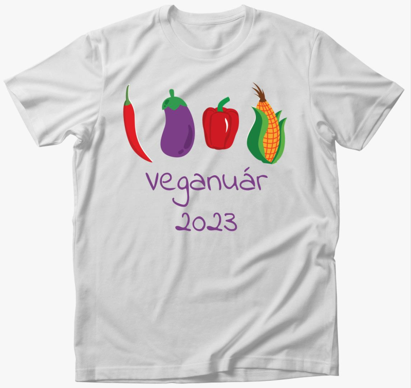 Veganuár 2023 (zöldségekkel) lila feliratos póló