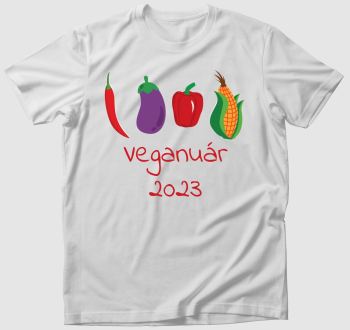 Veganuár 2023 (zöldségekkel) piros feliratos póló