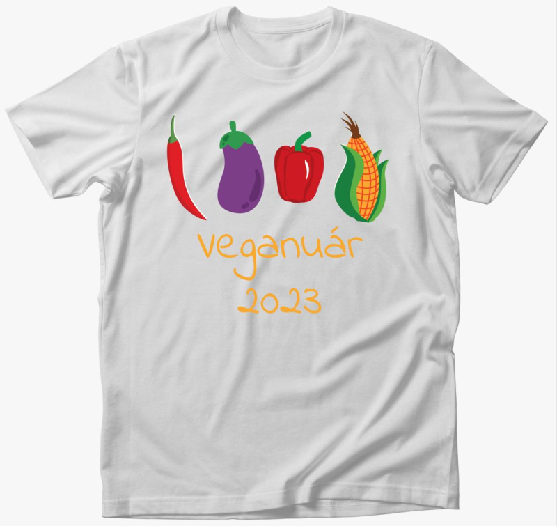 Veganuár 2023 (zöldségekkel) sárga feliratos póló