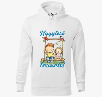 Nagytesó leszek, kisfiú hintázik pici lánnyal kapucnis pulóver