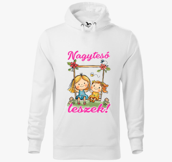 Nagytesó leszek, kislány hintázik pici lánnyal kapucnis pulóver