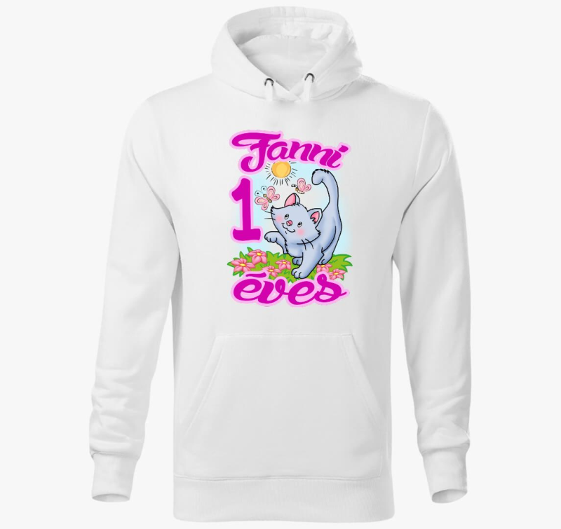 Szürke cica pillangót kerget szülinapi gyerek kapucnis pulóver