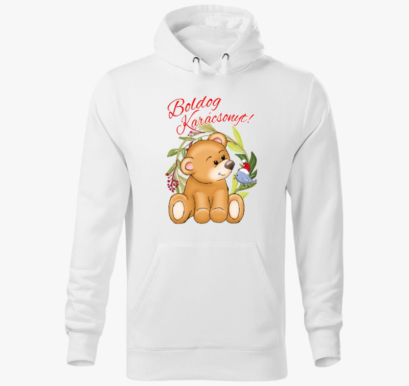 Boldog Karácsonyt Maci madárkával kapucnis pulóver