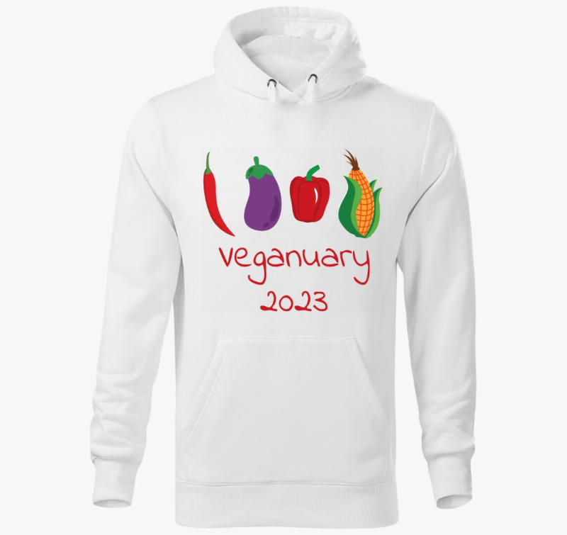 Veganuary 2023 (zöldségekkel) piros feliratos kapucnis pulóver