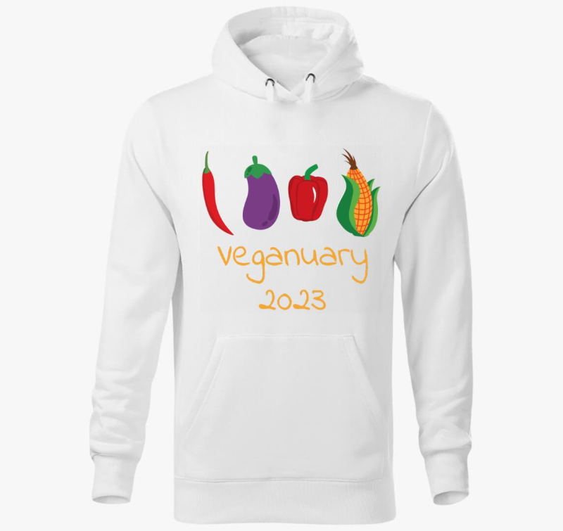 Veganuary 2023 (zöldségekkel) sárga feliratos kapucnis pulóver