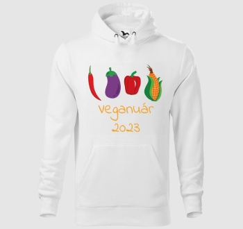 Veganuár 2023 (zöldségekkel) sárga feliratos kapucnis pulóver