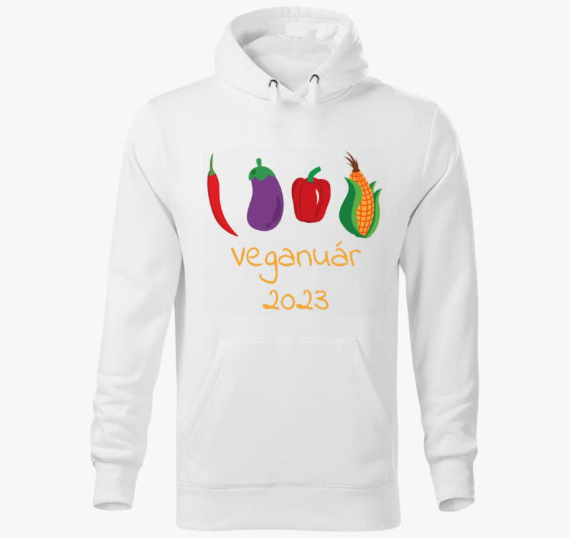Veganuár 2023 (zöldségekkel) sárga feliratos kapucnis pulóver