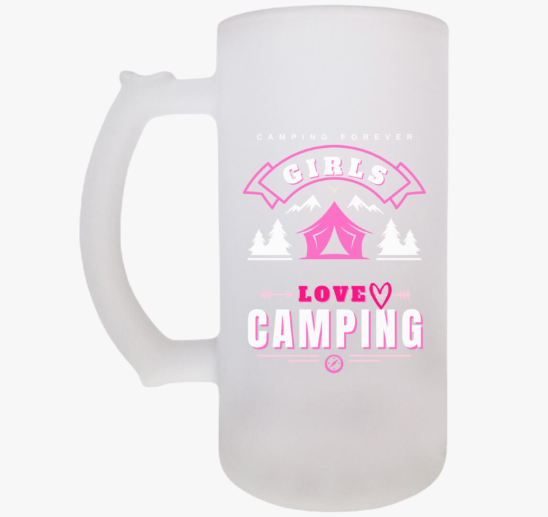 Lányok szeretik a kempinget, Girls loves camping söröskorsó, színes felirat, angol