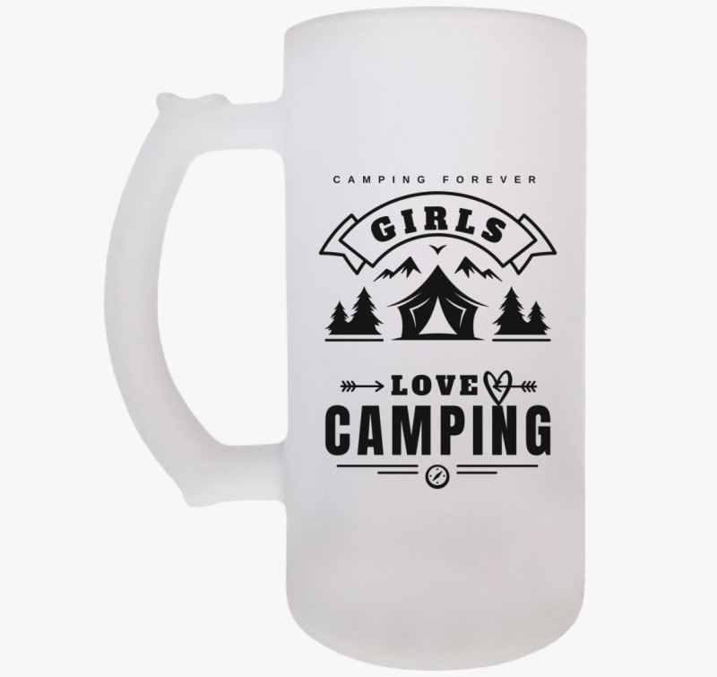 Lányok szeretik a kempinget, Girls love camping söröskorsó, egyszínű felirat, angol