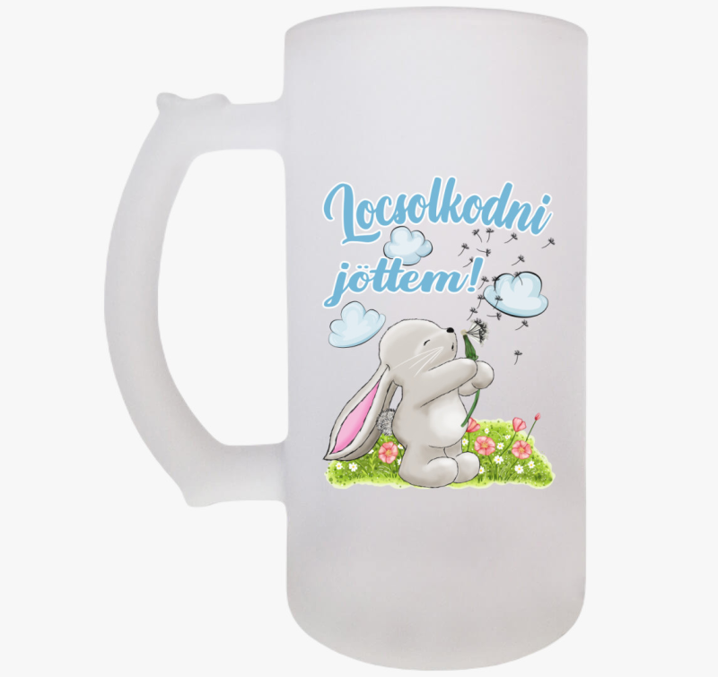 Húsvét Nyuszi fújókával Locsolkodni jöttem söröskorsó