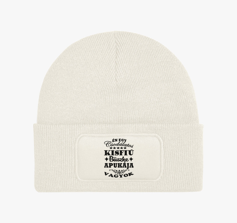 Csodálatos kisfiú büszke apukája téli sapka