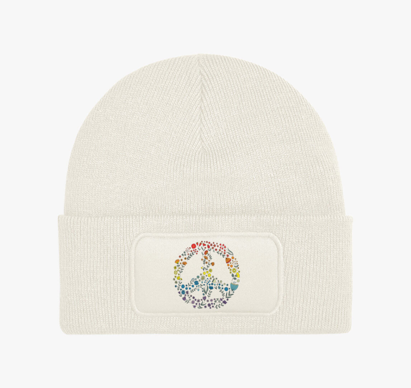 Békejel virágokból - szivárványos téli sapka