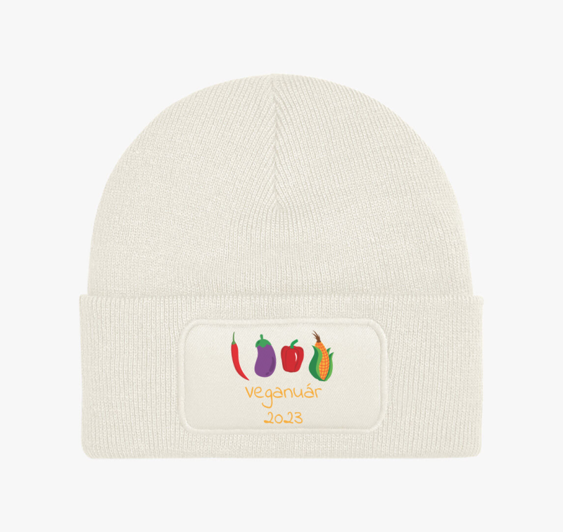 Veganuár 2023 (zöldségekkel) sárga feliratos téli sapka