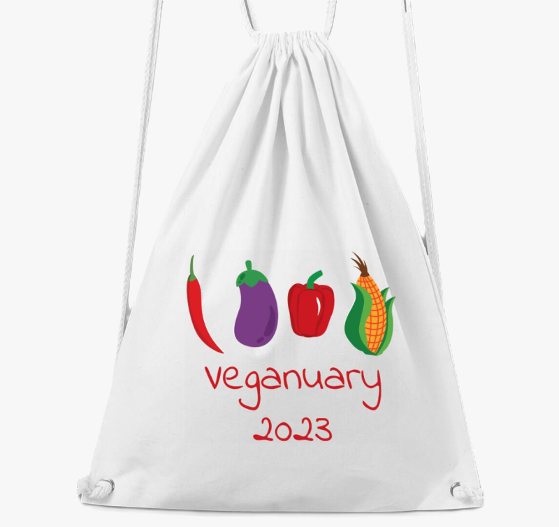 Veganuary 2023 (zöldségekkel) piros feliratos tornazsák