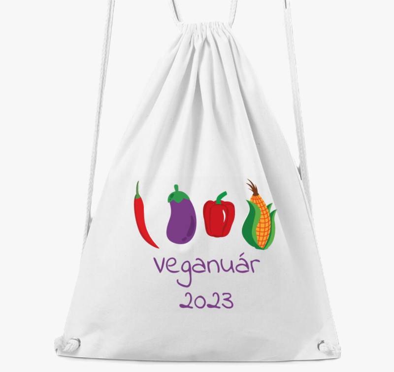 Veganuár 2023 (zöldségekkel) lila feliratos tornazsák