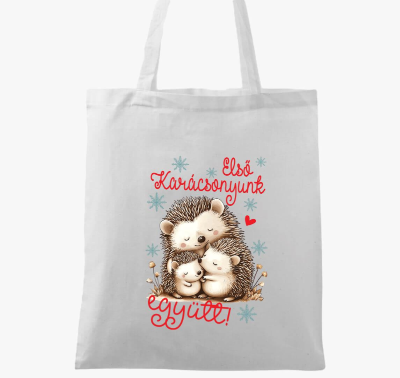 Első közös Karácsonyunk családi szett sünik vászontáska