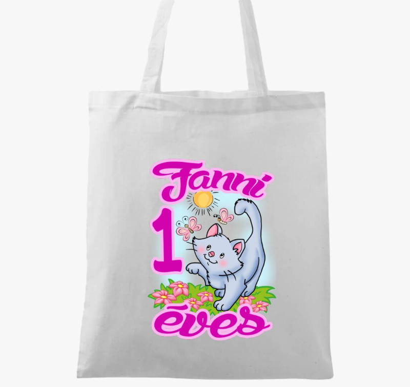 Szürke cica pillangót kerget szülinapi gyerek vászontáska