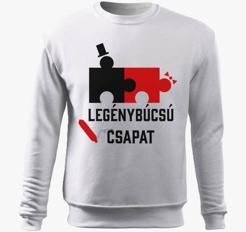 Legénybúcsú csapat vicces puzzle belebújós pulóver — Fehér