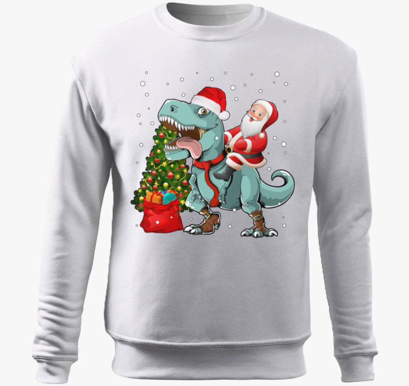 Mikulás a T-Rex hátán belebújós pulóver — Fehér