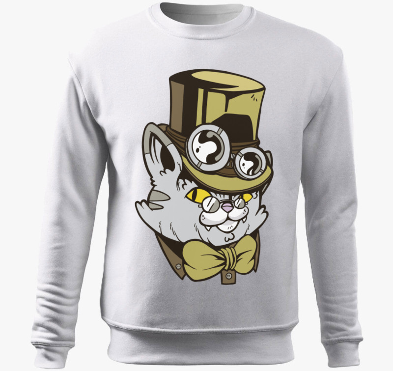 Kalapos Steampunk Macska belebújós pulóver — Fehér