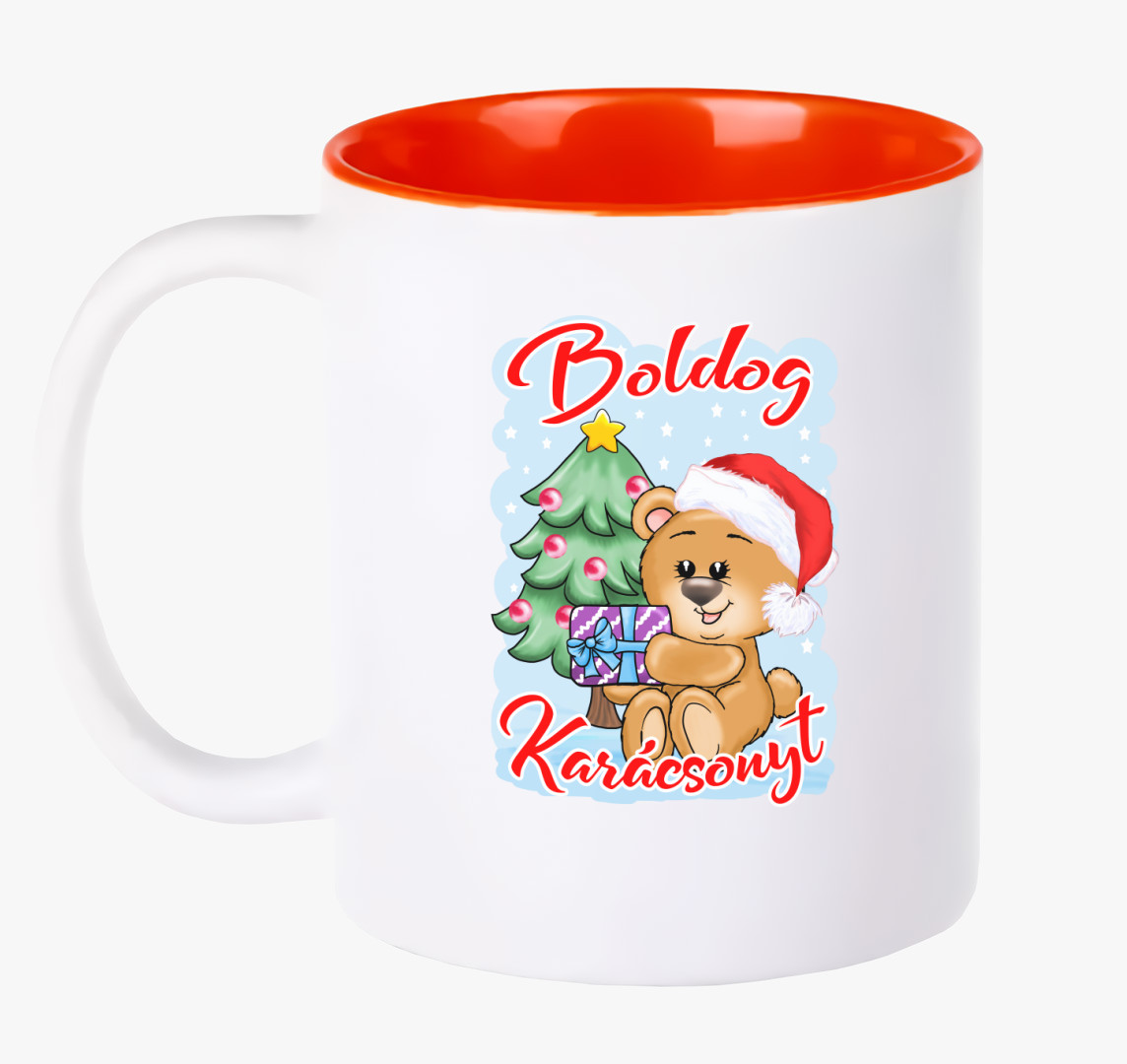 Boldog Karácsonyt maci ajándékkal gyerek bögre — Piros