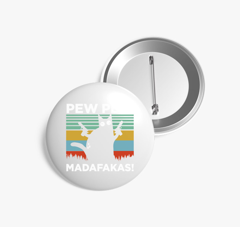 Macska Pew Pew vicces kitűző — Fehér