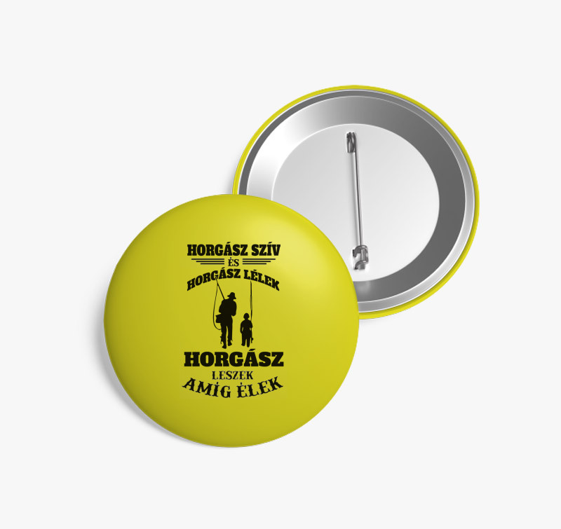 Horgász szív és horgász lélek kitűző — Sárga