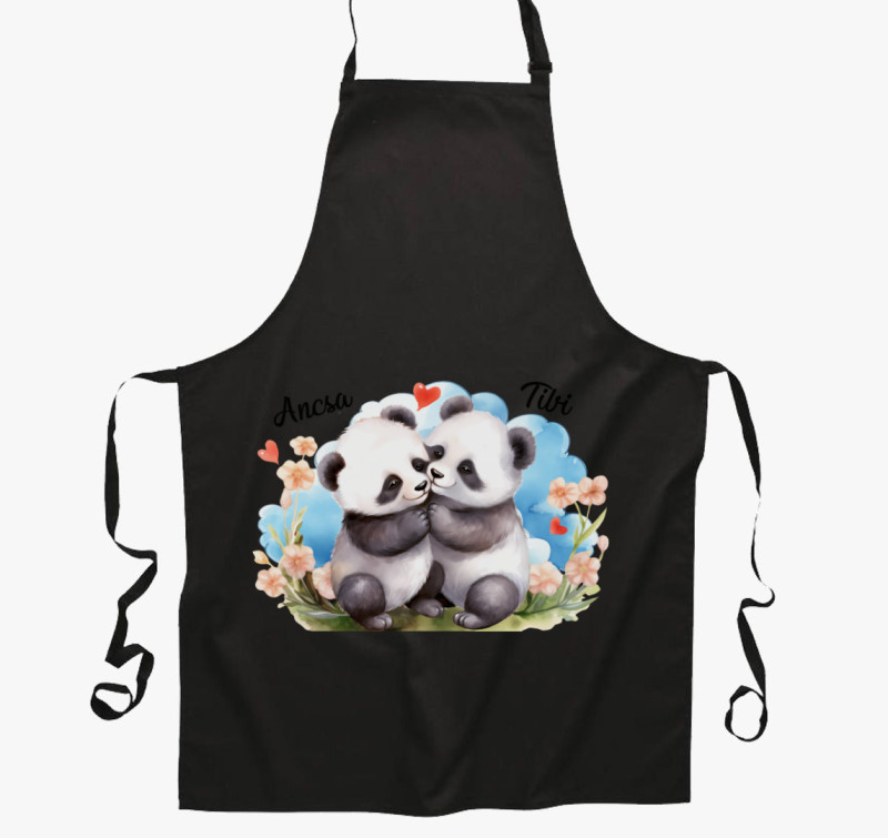 Összebújós szerelmes Panda kötény — Fekete