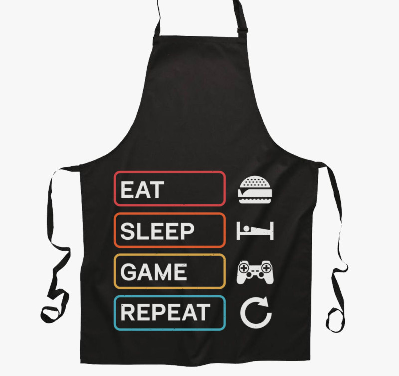 Eat sleep game repeat gamer kötény — Fekete
