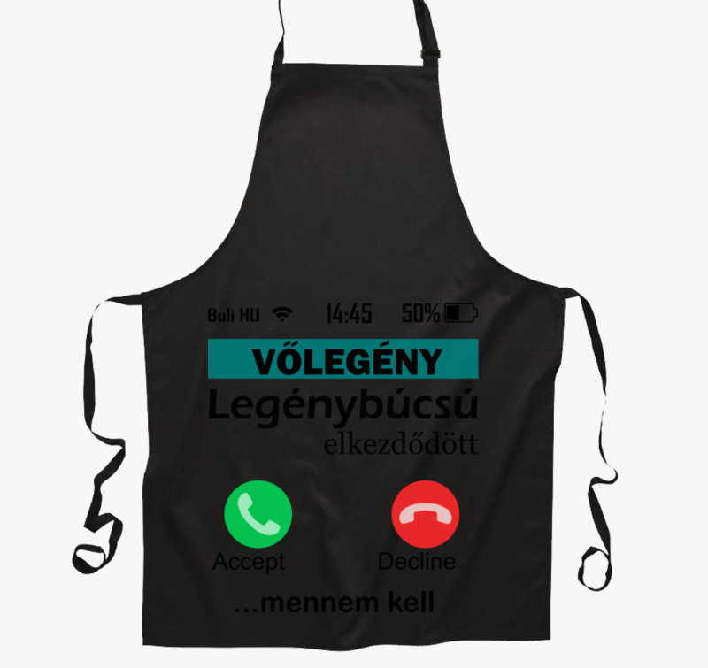 Telefonos legénybúcsús vőlegény kötény — Fekete
