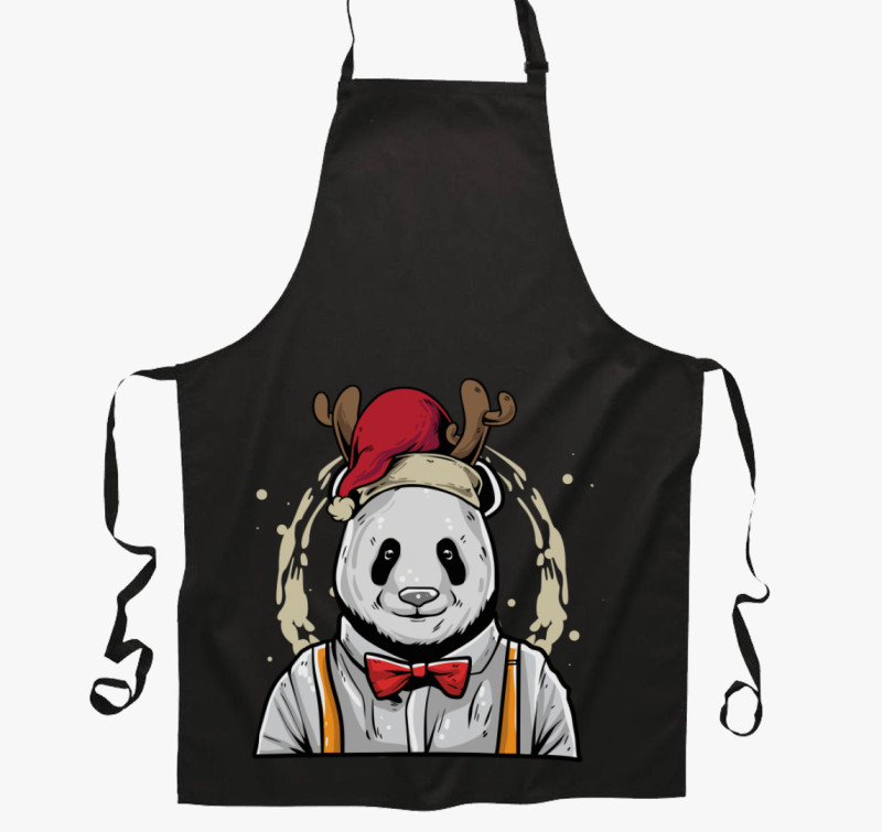 Karácsonyi Panda kötény — Fekete