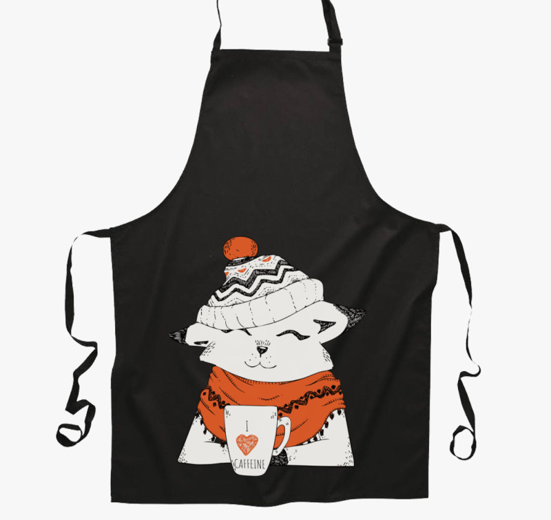Winter cat caffeine kötény — Fekete