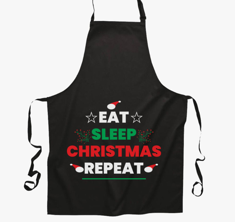 Eat sleep christmas repeat kötény — Fekete