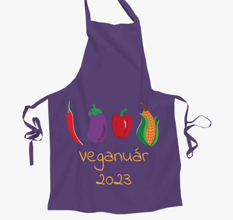 Veganuár 2023 (zöldségekkel) sárga feliratos kötény — Lila