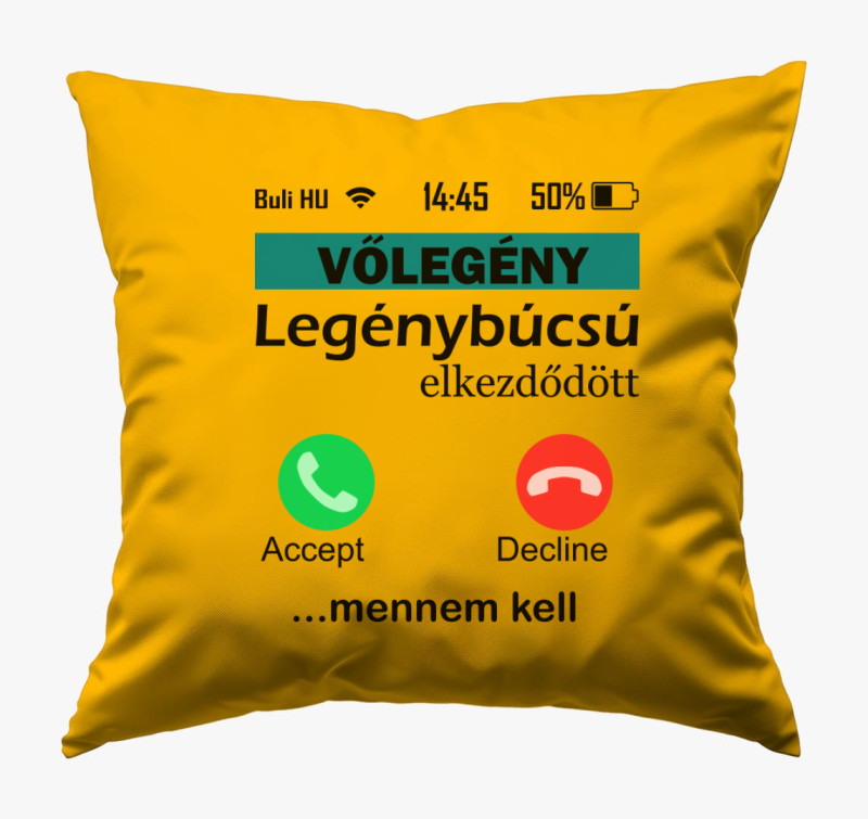 Telefonos legénybúcsús vőlegény párna — Napsárga