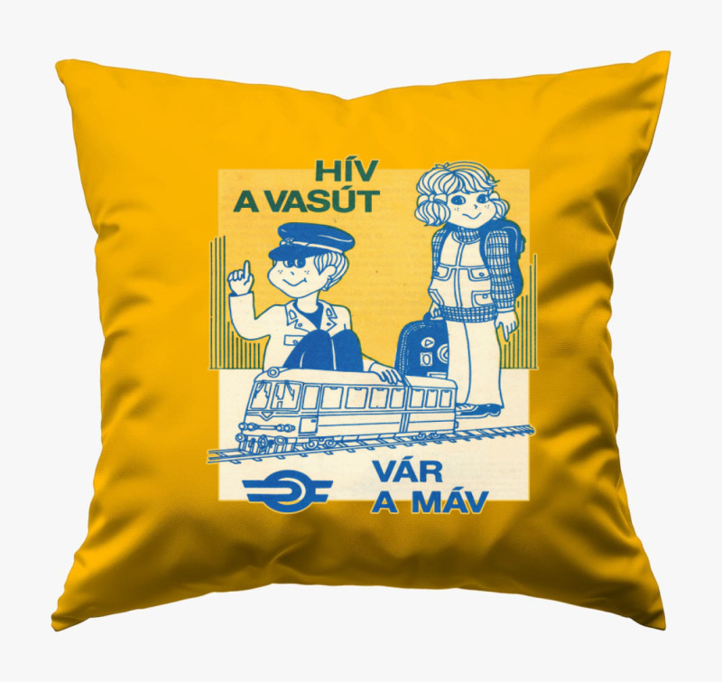 Hív a vasút, vár a MÁV Retro Poszter párna — Napsárga