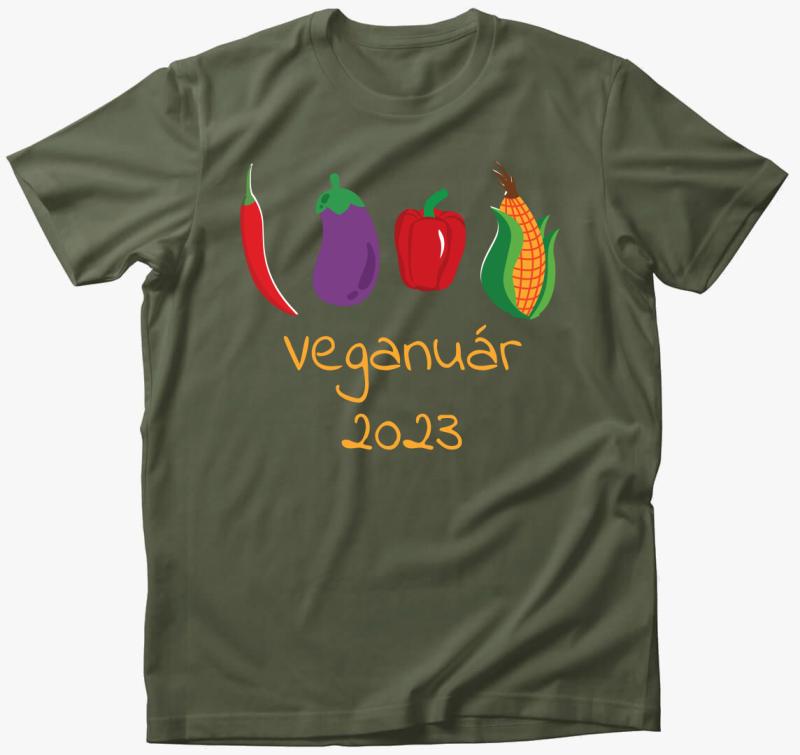 Veganuár 2023 (zöldségekkel) sárga feliratos póló — Khaki