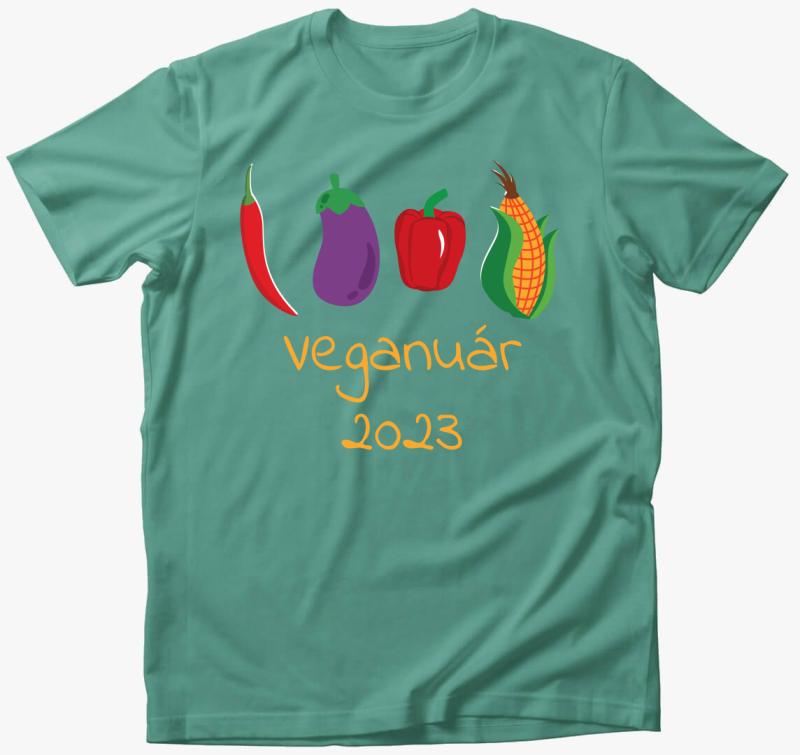 Veganuár 2023 (zöldségekkel) sárga feliratos póló — Menta